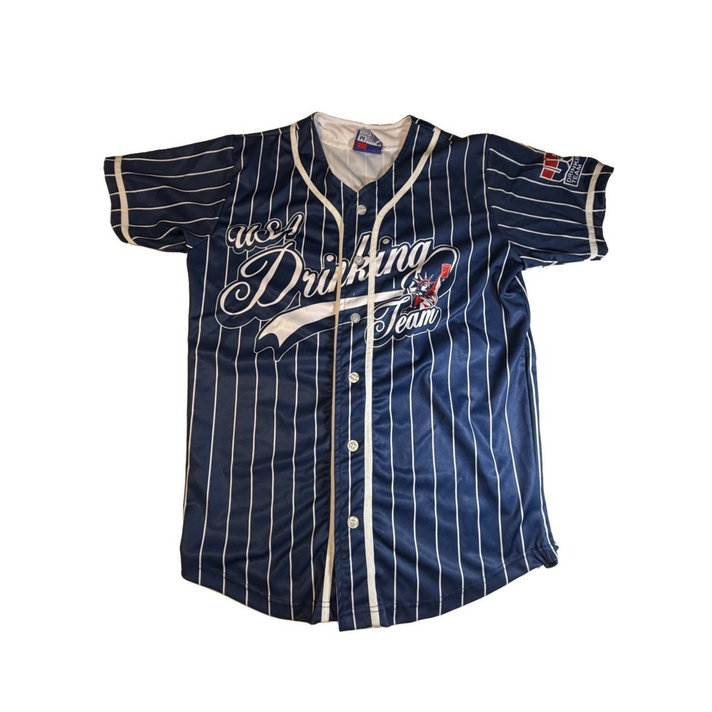 USA Drinking Team Jersey Mens M Navy Pinstripe Baseball Statue Liberty #1